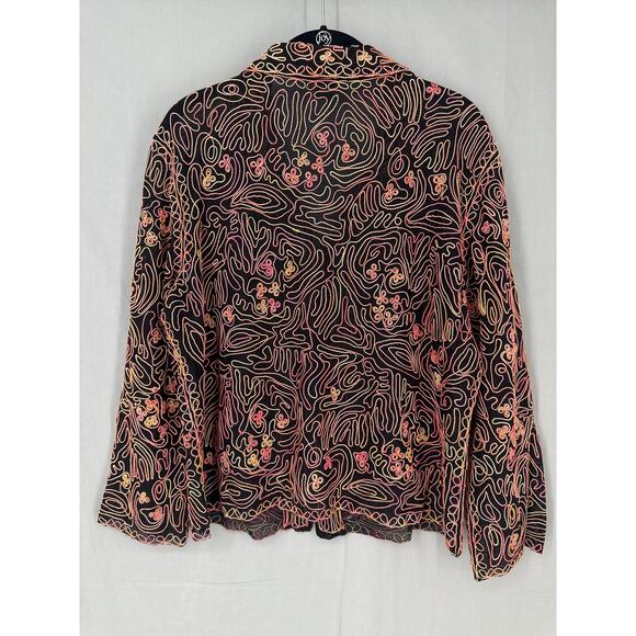 Y2K Vintage Jacket Womens XL Black Mesh Pink Yellow Abstract Zip Sheer Stretch - Picture 2 of 7